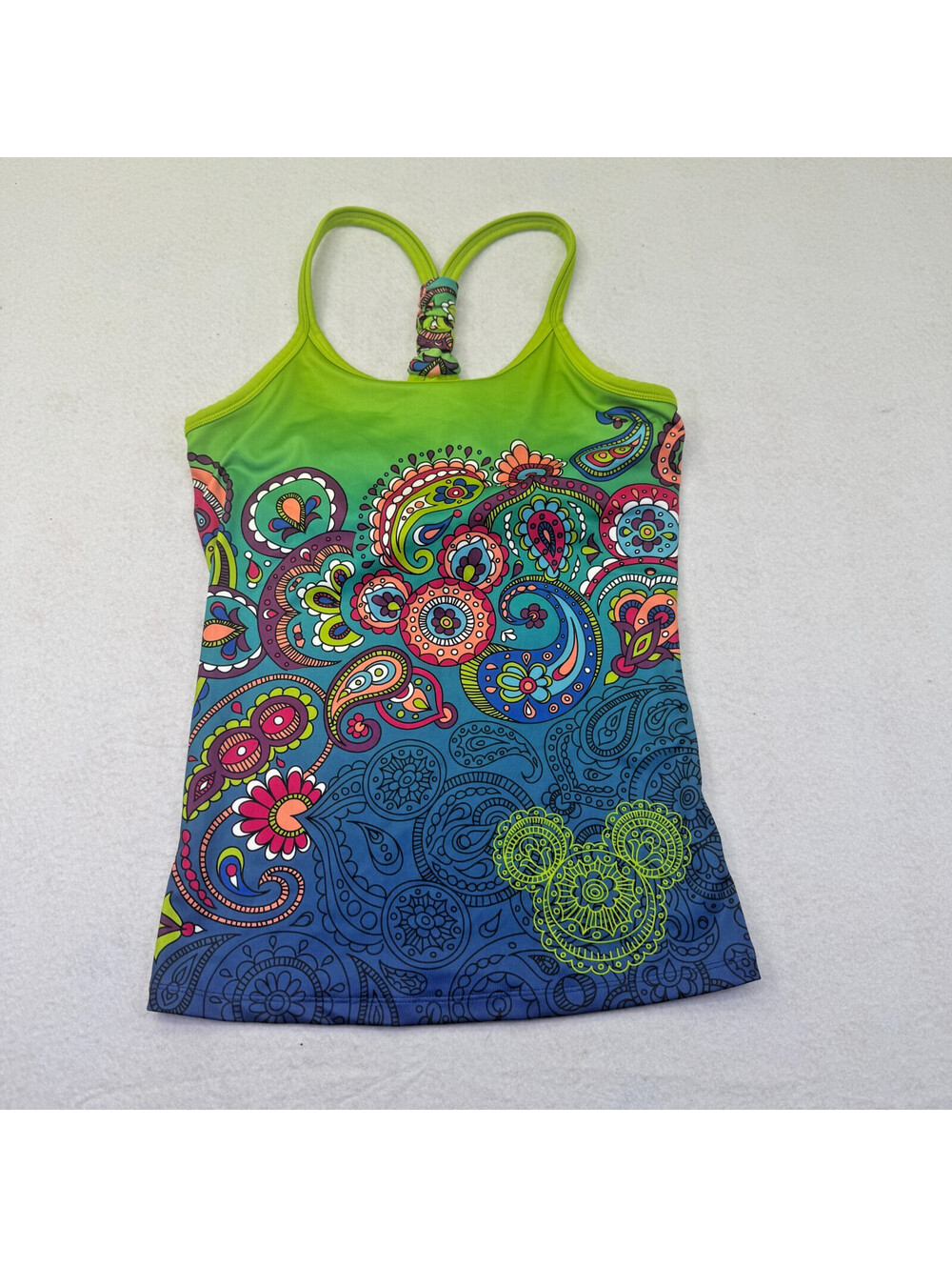 Disney Women's Athletic Paisley Blue Green Yoga Tank Top Built-In Shelf Bra S